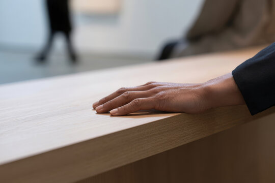 An elegant shot of a hand resting on a smooth wooden surface in a minimalist interior space, highlighting the beauty and simplicity of human touch and design.