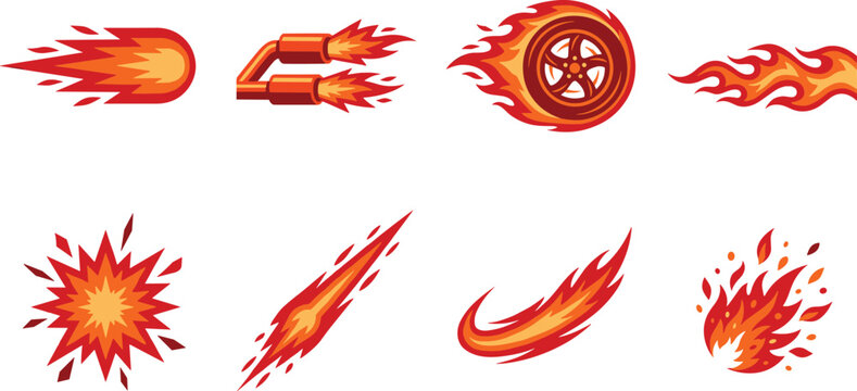 Collection of fire and flame vector icons featuring burning wheels exhaust pipes explosions and fireballs