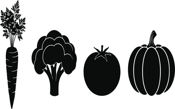 Vegetable silhouette set with carrot, broccoli, tomato, and pumpkin, black healthy food vector illustration collection for farm and diet design