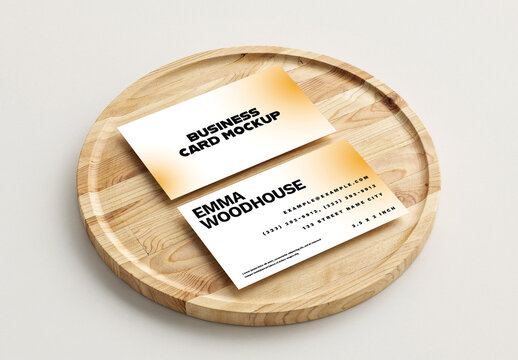 Business Card Mockup on Round Wooden Display Tray