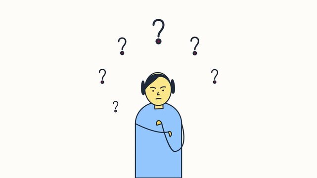 Vector illustration of a thoughtful confused character surrounded by floating question marks for problem solving and support