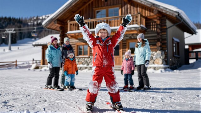 Happy child in red ski suit raises arms joyfully on snowy slope with family.