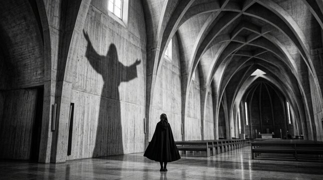 Shadow of Christ in Modern Church Interior with Lone Person