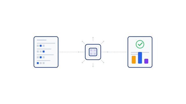 Data processing workflow vector illustration with input document central processor and output analytics report