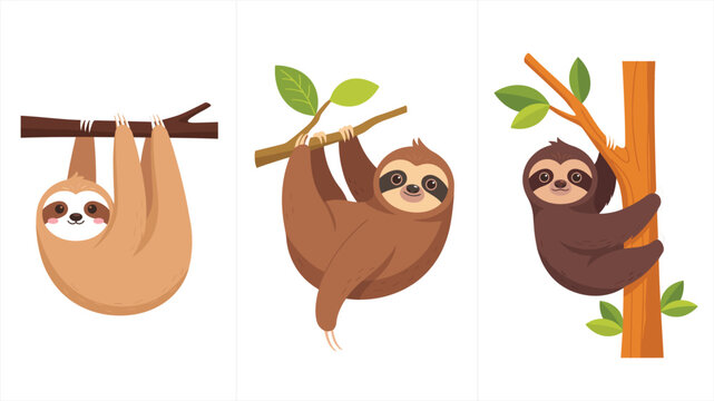 Cute sloth animal hanging on tree branch, cartoon wildlife character collection with leaves vector illustration for nature and kids design