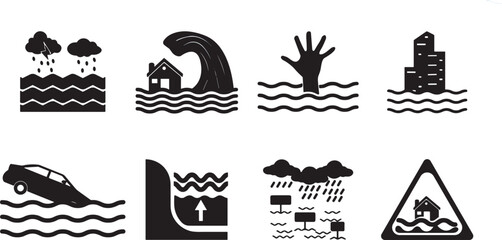 Fototapeta premium Flood disaster icon set with rain, wave, drowning hand, city, car, dam, and warning sign black vector illustration collection