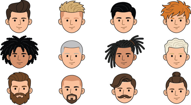 Diverse Male Cartoon Avatar Collection with Modern Hairstyles, Beards, Mustaches, Dreadlocks, and Customizable Character Face Profile Vector Illustrations