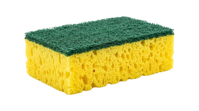 Yellow cleaning sponge with green scouring pad isolated on white background