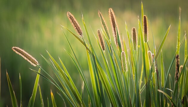 Blooming Sedge Growing In A Natural Wetland With Striking Seed Heads And Lush Green Foliage Detailed Botanical Nature Photography With Soft Background