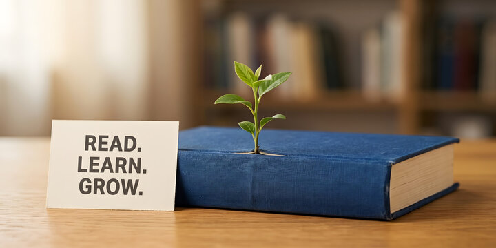 Read Learn Grow Concept with Green Plant Growing from Blue Book for Education and Personal Development