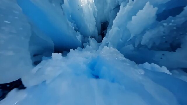 Ice formations in a glacier reveal deep crevasses and intricate textures, showcasing the stunning blue hues and jagged edges of the frozen landscape