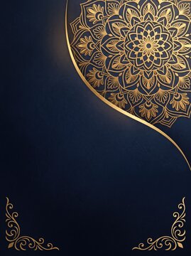 Golden mandala pattern on dark blue paper background with ornate corner swirls for covers.