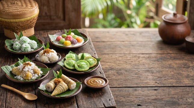 Traditional Indonesian Jajan Pasar Sweets Assortment on Banana Leaves and Rustic Wooden Table