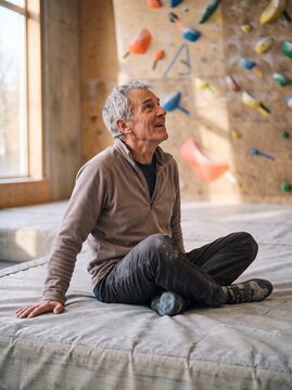 &Auml;lterer Kletterer sitzt entspannt auf Crashpad in der Boulderhalle