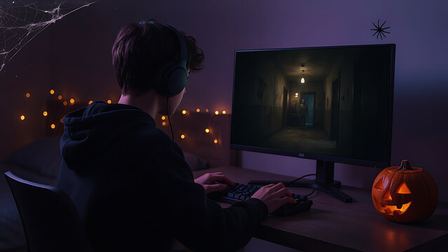 Rear side view of young person wearing headphones playing horror game on computer at halloween decorated desk, created with generative ai.