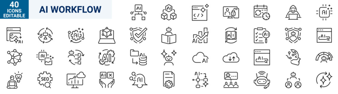 AI Workflow line icons in editable stroke style. Artificial intelligence, API, AI Integration, AI agent, cloud integration, business process, collection. Editable stroke. Vector