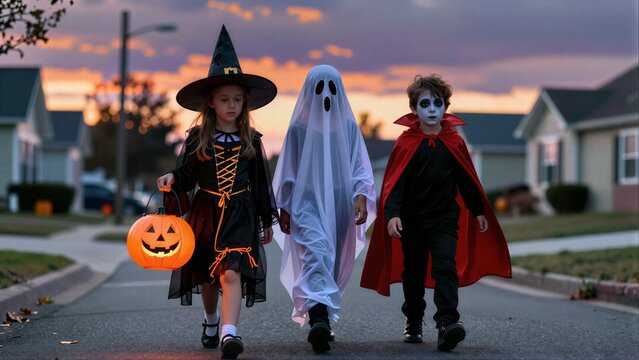 Three kids in Halloween costumes walk down a suburban street at dusk.