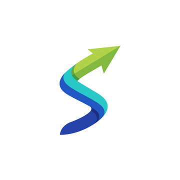 This is a modern abstract logo featuring a flowing arrow composed of green and blue waves, representing progress, direction, and innovation in a dynamic style.
