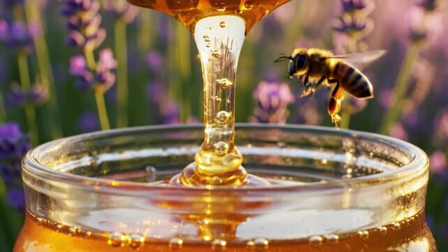 Honey dripping from dipper into jar bee flying near lavender field