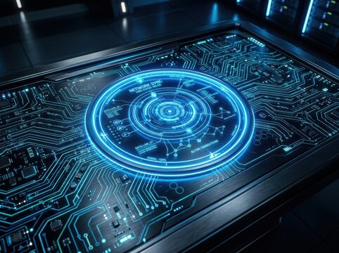 Glowing blue digital circuit board with futuristic circular light patterns