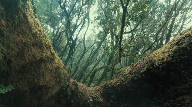 Mossy ancient trees with twisted branches creating a mysterious atmosphere in a dense, foggy woodland. This enchanted laurel forest scene evokes a sense of primeval beauty and fantasy