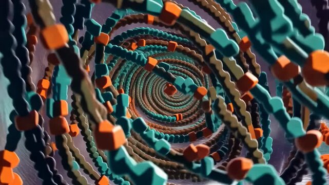 Colorful molecular structure transitions from spherical form to spiral arrangement, showcasing intricate details of molecular components in a vibrant scientific environment