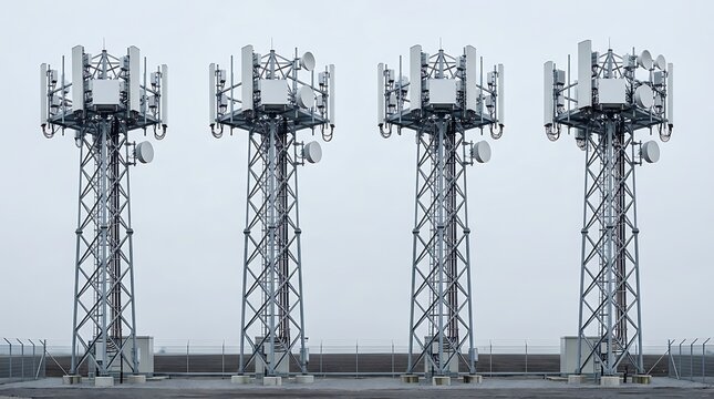 Four telecommunication towers standing in a row against a cloudy grey sky.