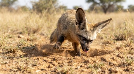 Fototapeta premium Bat-eared Fox Digging in Dry Earth: A bat-eared fox with its distinctive large ears and sharp teeth is captured mid-action as it digs into the dry, sandy ground, its tongue flicking out.