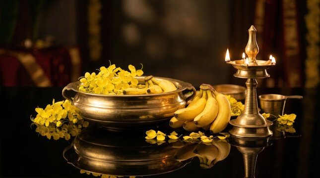 Traditional vishu kani yellow flowers lit brass lamp dark setup background