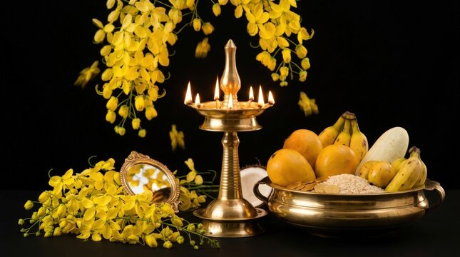 Traditional indian vishu festival arrangement displaying brass lamp, kani konna flowers, fruits stock photo