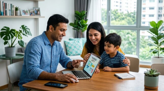Family Learning Together Online: A smiling father, mother, and son are gathered around a laptop at their dining table, engaged in an online learning session. The scene exudes warmth.