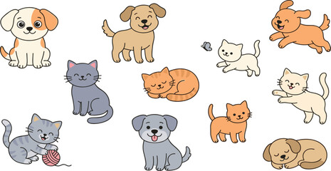 Obraz premium Cute cartoon cats and dogs sticker set with playful puppies and kittens sleeping playing with yarn and chasing butterfly vector illustration