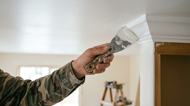 Hand applying drywall joint compound to crown molding for home renovation and repair