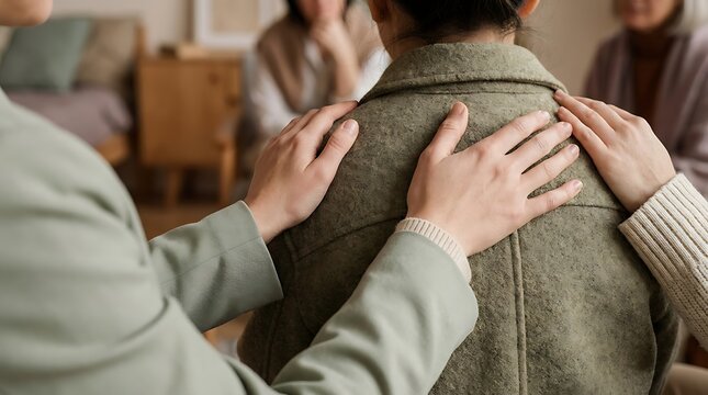Hands resting on shoulders for comfort and support during a group therapy session.