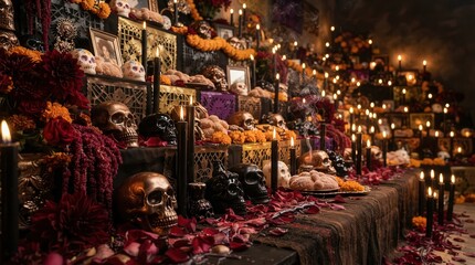 Naklejka premium Day of the Dead Altar: A richly decorated altar for Day of the Dead, adorned with marigolds, candles, skulls, and photographs, honoring departed loved ones with a vibrant and spiritual display.