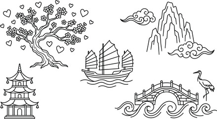 Fototapeta premium Traditional Chinese Landscape Vector Line Art Icon Set with Pagoda Junk Boat Mountain and Cherry Blossom Tree Elements