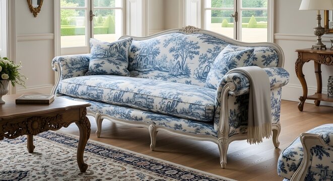 Elegant French country sofa with toile de Jouy pattern