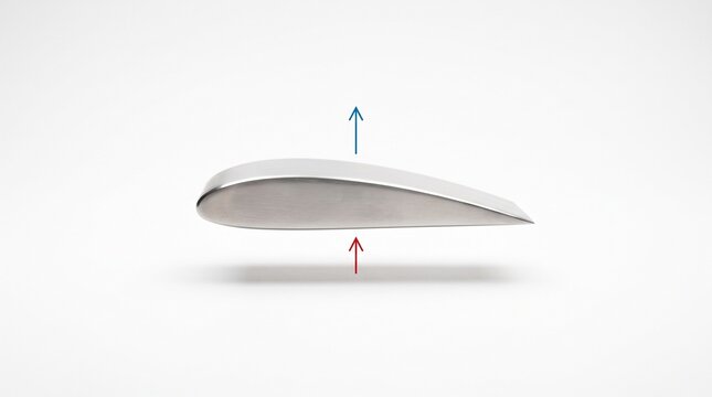 Airplane wing cross section with airflow pressure arrows, Bernoulli's principle physics concept