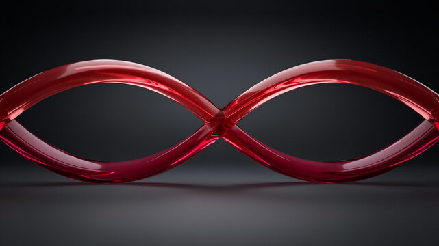A close-up, 3D rendered view of a deep red, translucent infinity symbol, showing intricate internal reflections and a smooth, flowing texture against a dark backdrop
