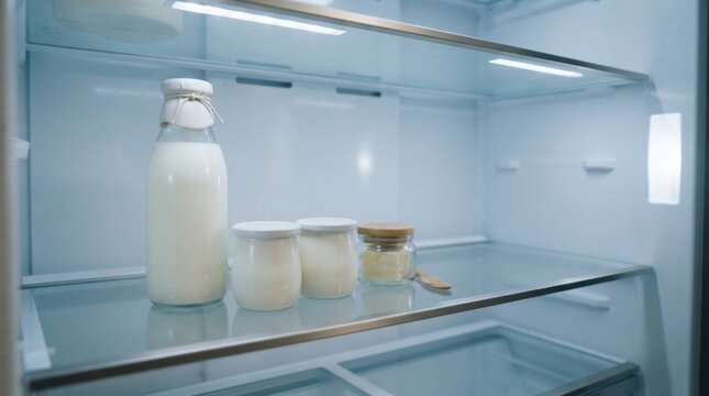 Dairy Refreshment: A tall glass bottle filled with creamy white milk stands tall beside three small jars of yogurt and a small jar of honey on a clean refrigerator shelf.