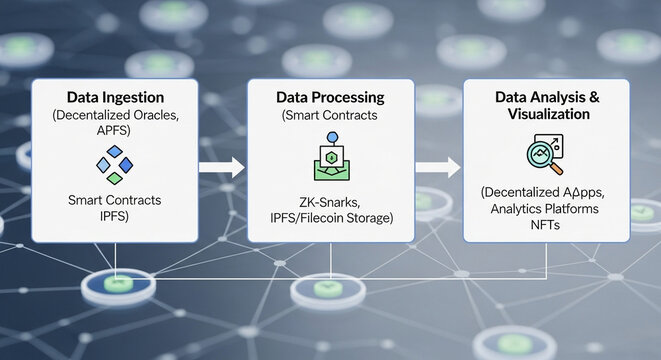 Comprehensive flowchart diagram mapping the sequential progression of decentralized information pipelines involving ingestion transformation operations and analytical visualization metrics