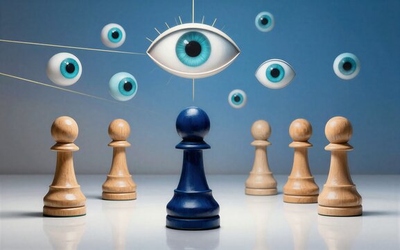 Blue pawn stands alone under watchful eyes, surrounded by wooden pawns.