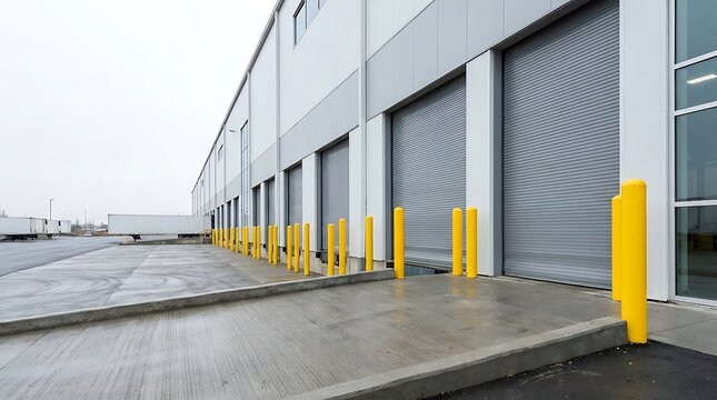 Modern industrial warehouse loading dock with closed yellow shutter doors and safety bollards