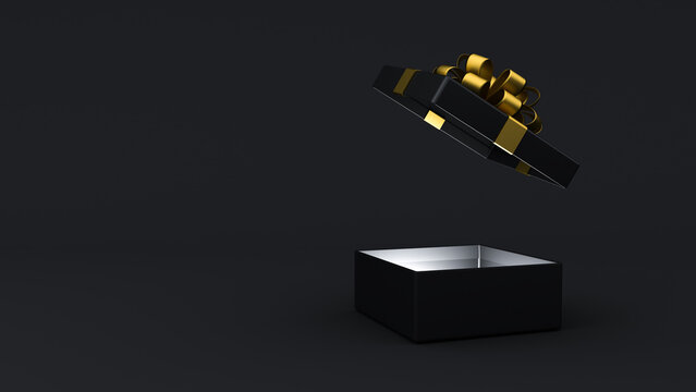 Blank open black gift box or opened black present box with gold ribbons and bow isolated on dark black background with light coming out of the box minimal black friday sale conceptual 3D rendering