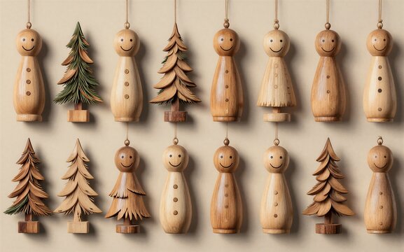 Wooden peg dolls and tree ornaments hang neatly, festive and handmade.
