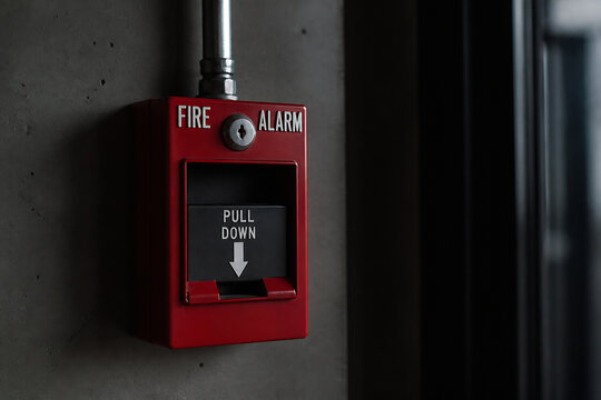 A red fire alarm pull station is mounted on a dark gray wall indoors.