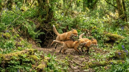 Fototapeta premium Fox family emerges from den in lush woodland, dynamic motion and playful energy evident as young cubs frolic near mother.