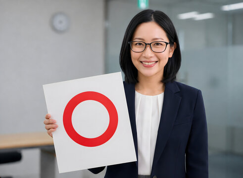 Businesswoman Holding Red Circle Sign for Correct Answer and Approval