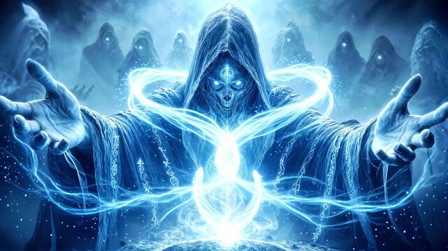 Ancient sorcerer channeling ethereal blue energy in mystical ritual. Panning and tilting camera movement.