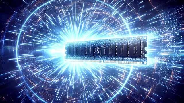 Computer RAM module floating in glowing digital wormhole. Conceptual visualization of high-speed data processing and futuristic hardware technology. Panning camera movement.